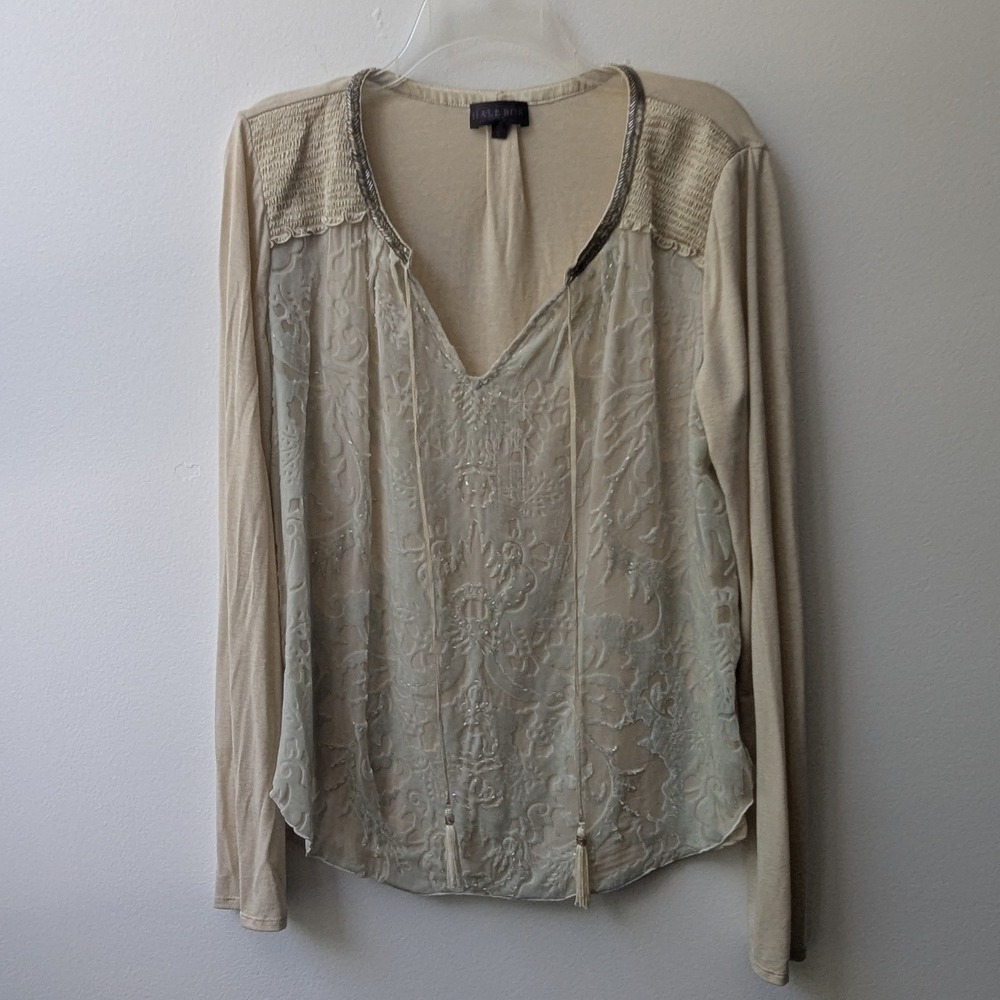 Hale Bob Blouse Beige Silk Blend Burnout Velvet Beaded Tassel Lg Boho Ethereal